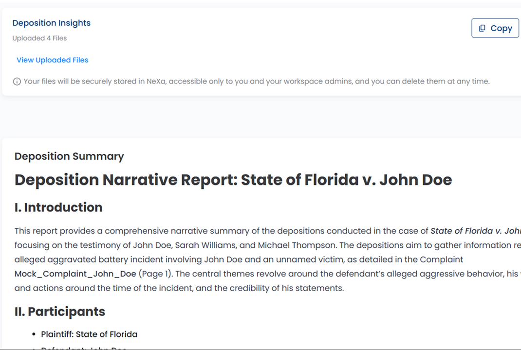 Nexa AI analyzing deposition transcripts to identify key admissions and insights.