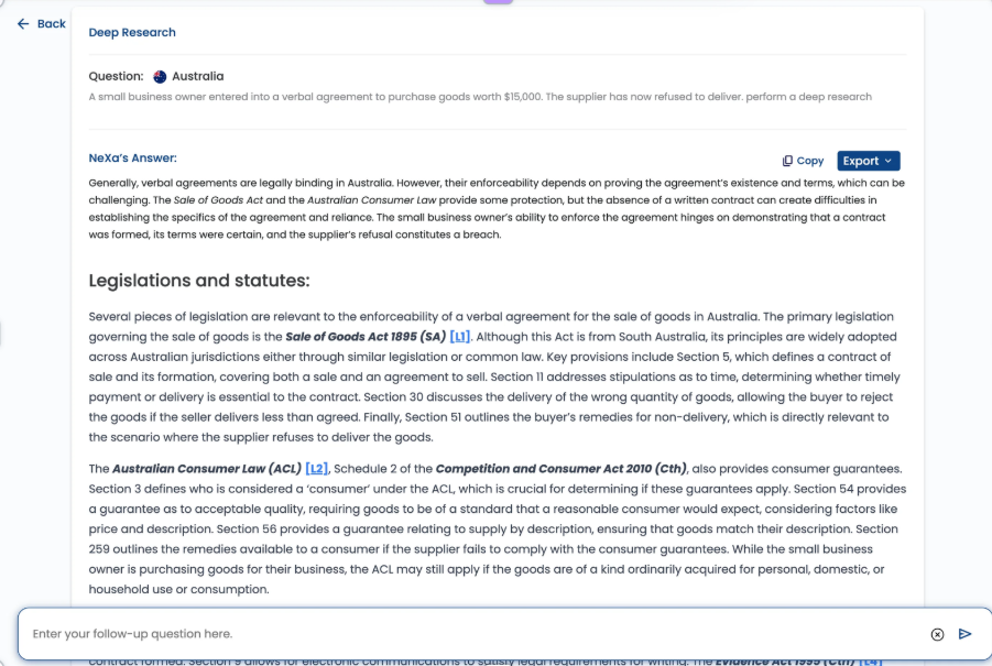 Nexa AI performing deep legal research with cite-verified case law highlights.